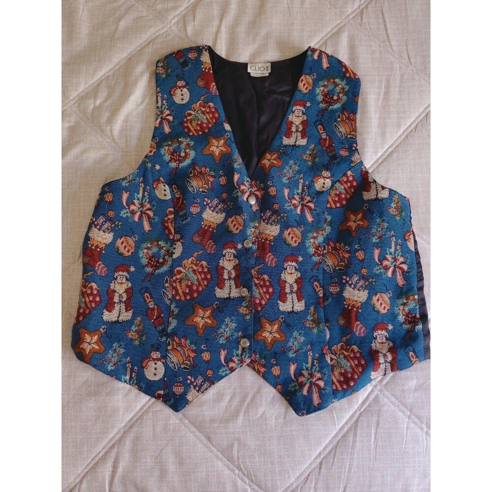 Vintage Clio Tapestry Vest Christmas Santa Claus & Ornaments 1980's Size 1X
